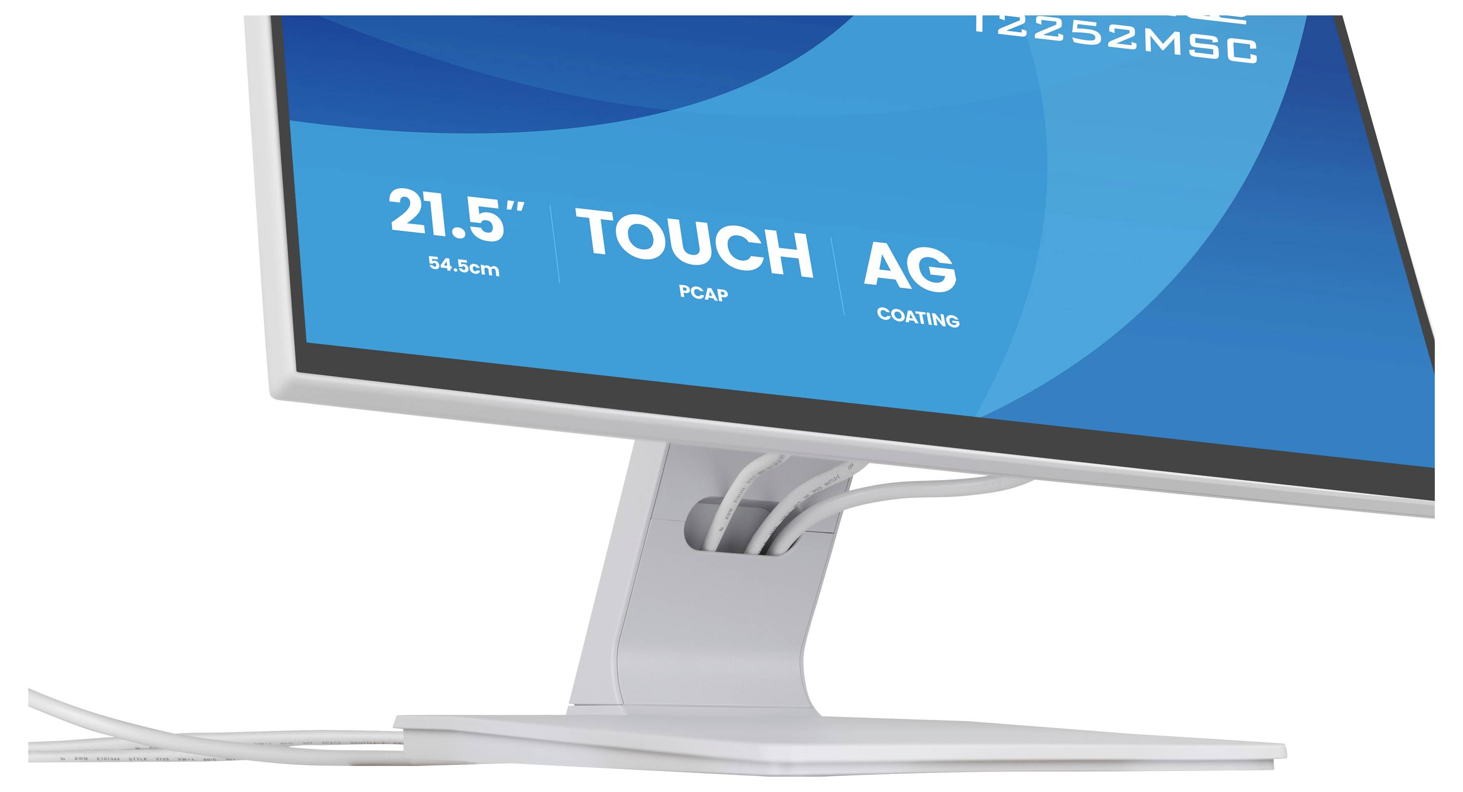 Een computermonitor met '21,5" TOUCH AG', die de aanraakschermmogelijkheid en anti-spiegelende coating benadrukt.