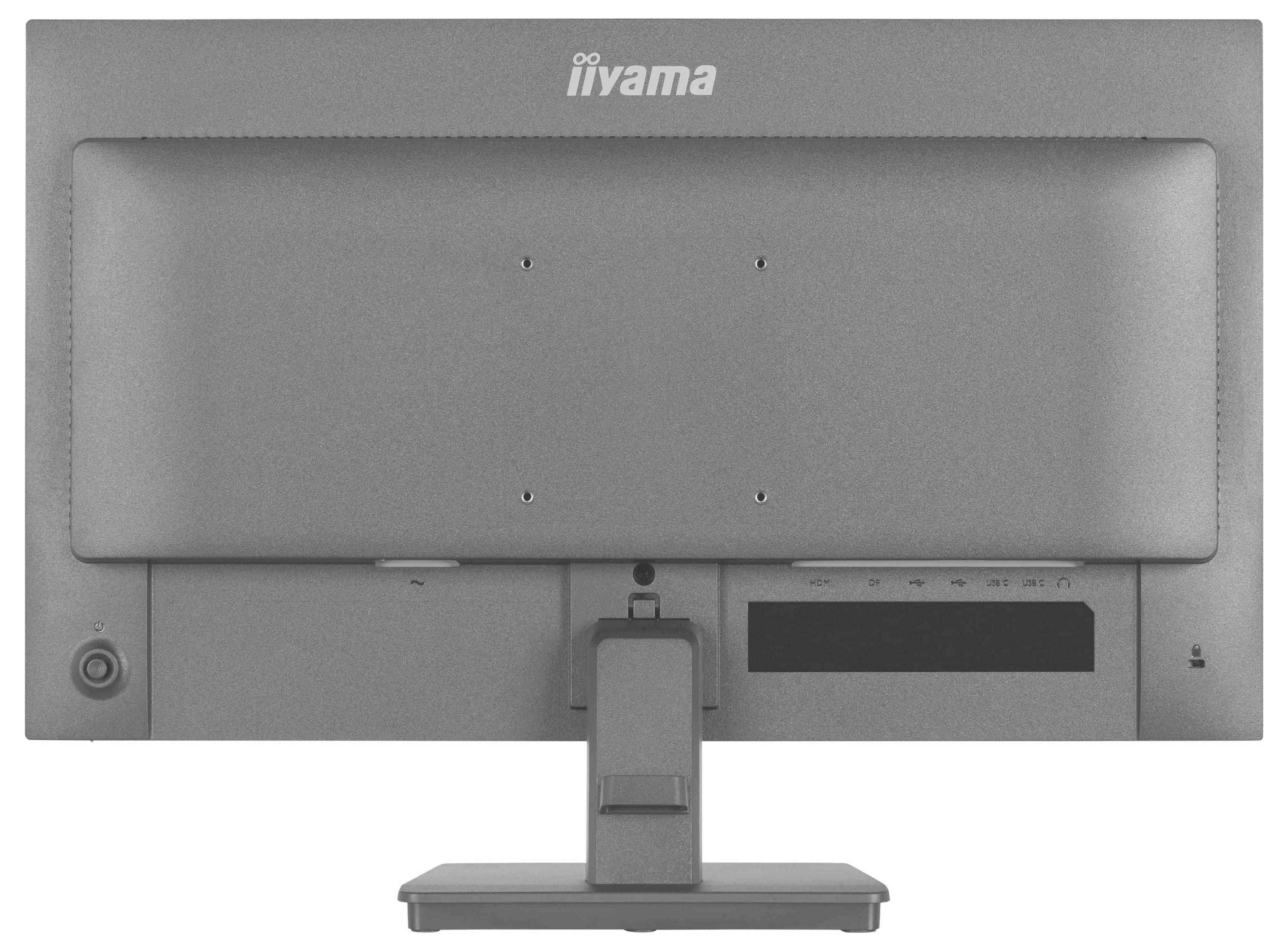 Achteraanzicht van een computermonitor met een standaard en schroefgaten voor montage. Het merklogo is zichtbaar in het midden bovenaan.