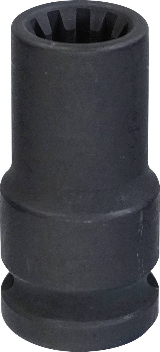 Een close-upfoto van een zwarte, cilindervormige, robuuste dopsleutelkop met een gestructureerde grip en een gegroefd binnenwerk, gebruikt voor voertuigreparatie.