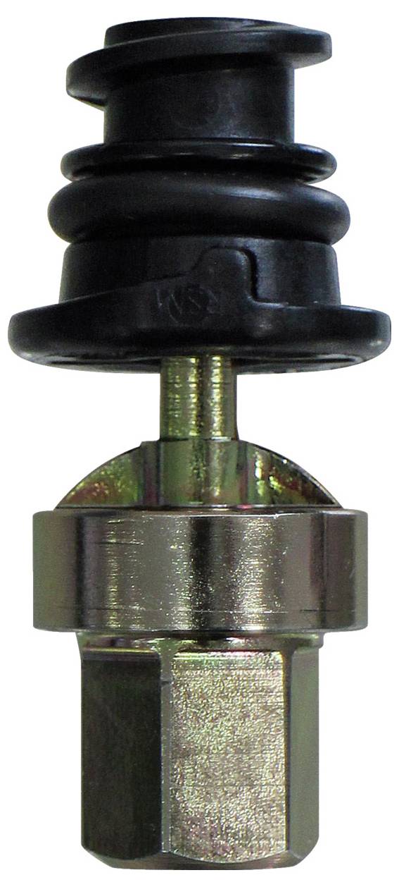 Een automotive druksensor met een zwarte kunststofconnector en een metallische zeshoekige basis, gebruikt voor het monitoren van voertuigsystemen.