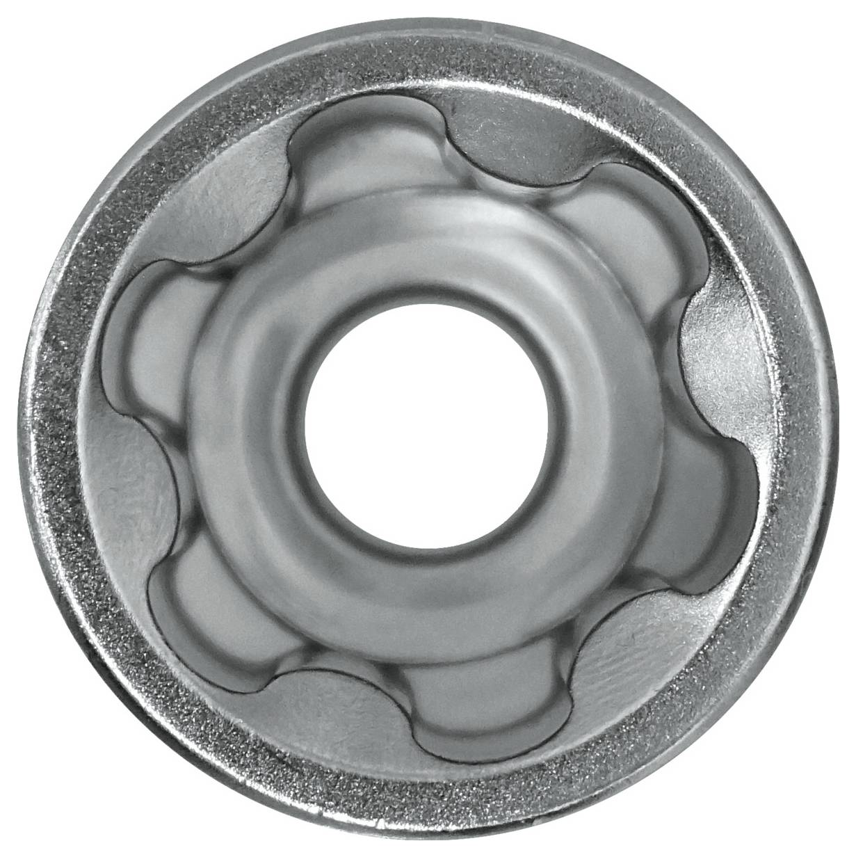 Een metalen gekartelde flensmoer met zes tanden gelijkmatig verdeeld rond een centraal gat, ontworpen om losdraaien in toepassingen te voorkomen.