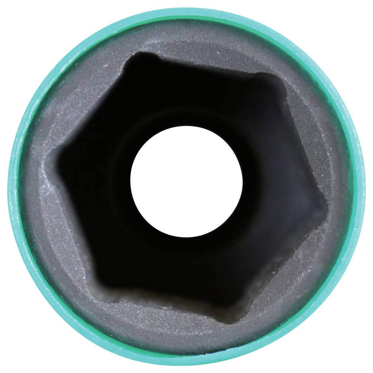 Bovenaanzicht van een zeskantdop in een turquoise dophouder, waarop het metalen zeshoekige binnenwerk is te zien dat is ontworpen om over boutkoppen te passen.