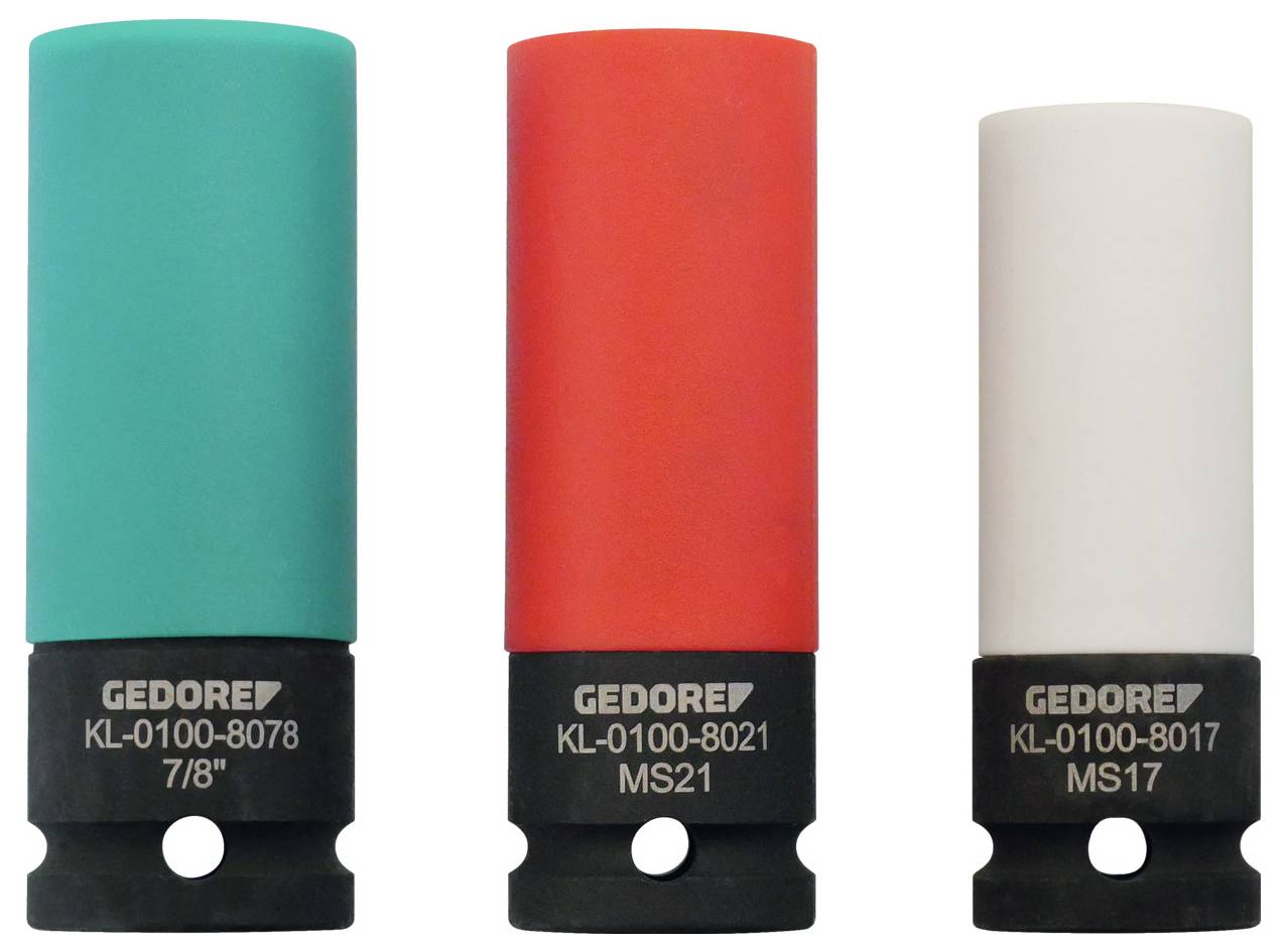 Drie gekleurde insteeksleutelhoezen in turquoise, rood en wit, voorzien van het merk 'GEDORE', specifieke modelcodes en groottebaarmetingen.