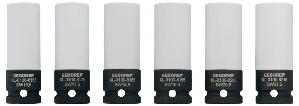 'GEDORE' merk dopsleutels in verschillende maten: SW16.5, SW17.5, SW18.5, SW19.5, SW20.5 en SW21.5, naast elkaar gerangschikt.