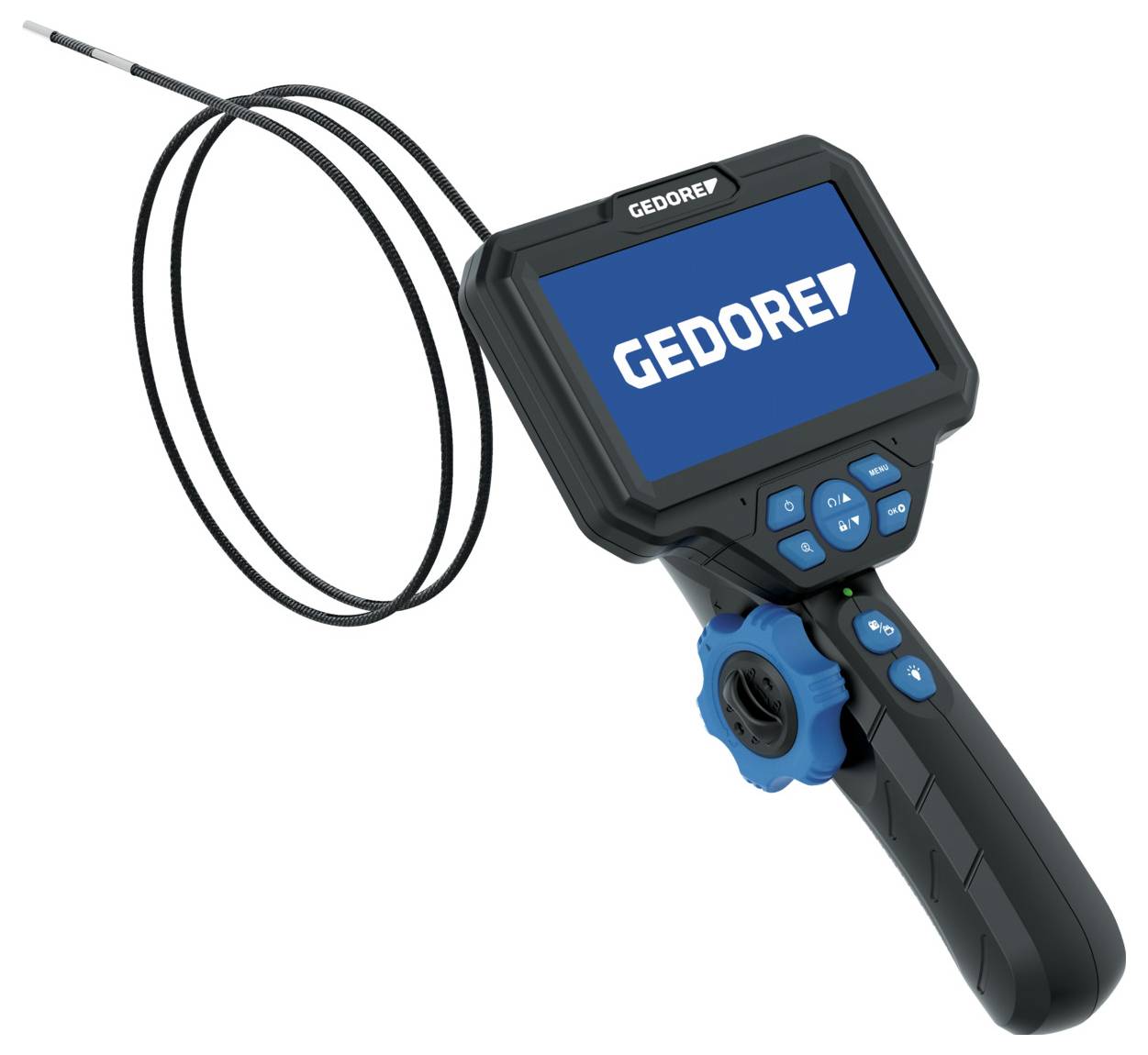 'GEDORE' inspectiecamera met scherm, kabel en bedieningsknoppen, ontworpen voor het onderzoeken van moeilijk bereikbare gebieden.