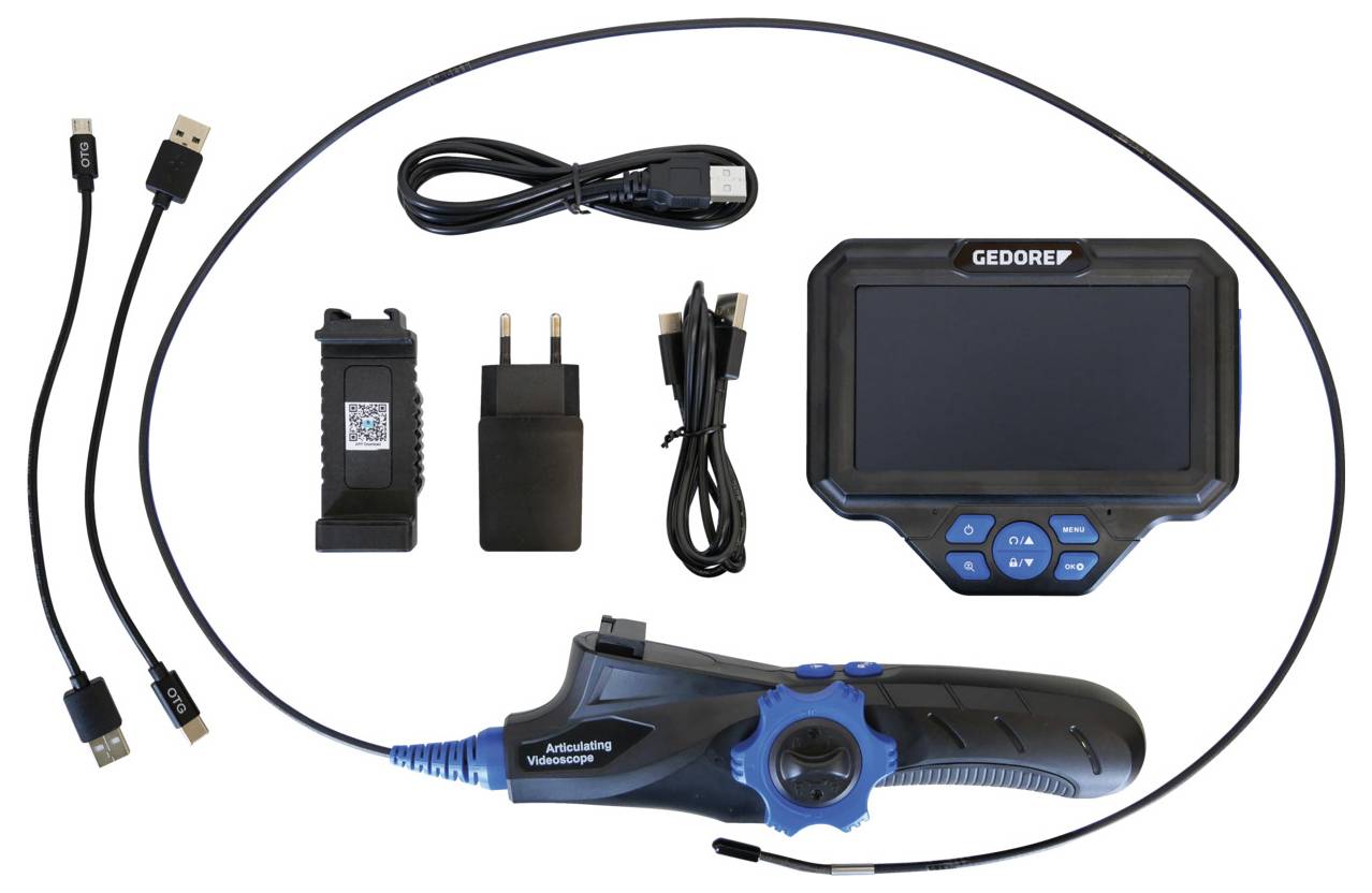 Een inspectiecamera-set inclusief een handheld articulating videoscoop, beeldscherm, batterij, lader en USB-kabels voor connectiviteit.
