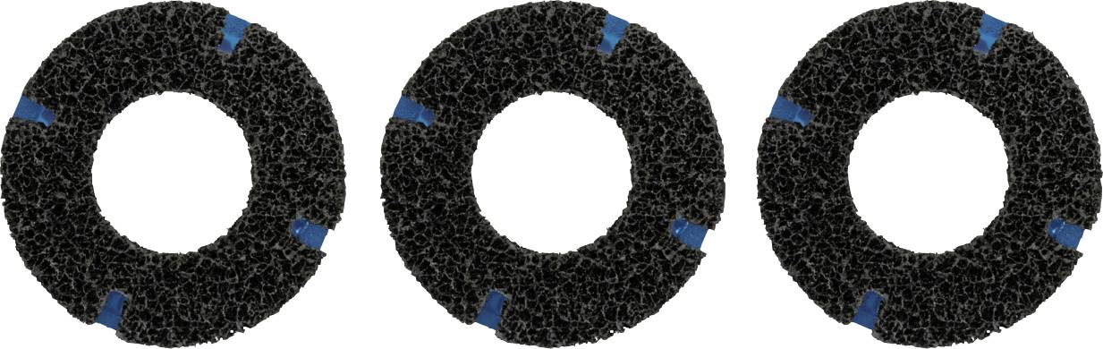 Drie zwarte, poreuze cirkelvormige pads met blauw segmenten evenredig verdeeld langs de randen, afgebeeld tegen een witte achtergrond.