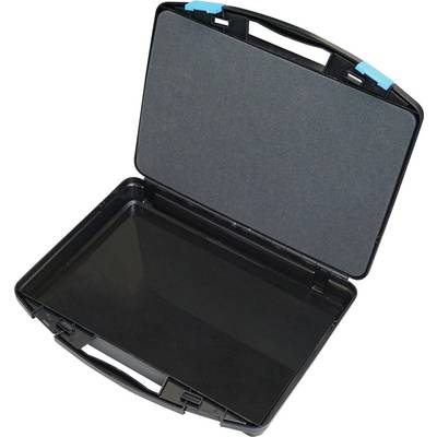 Open, lege zwarte plastic aktentas met blauwe clips op scharnieren, gepositioneerd tegen een effen witte achtergrond.