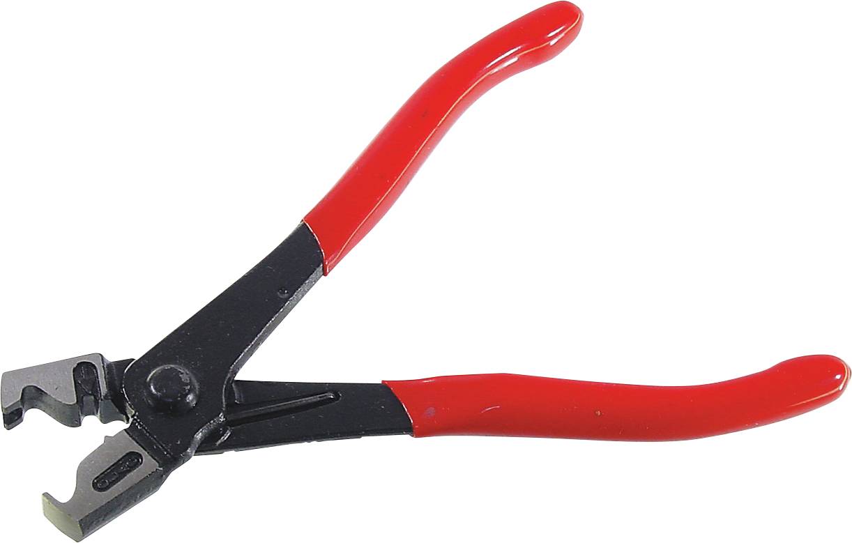 'Gereedschap met rood handvat en zwart metalen kop, waarschijnlijk een sleutel of tang, gebruikt voor het grijpen of draaien van voorwerpen.'