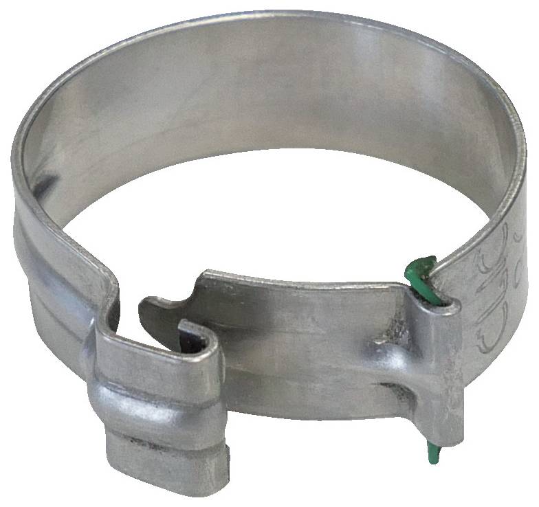 Een metalen slangklem met een gesloten lusontwerp, uitgerust met een aanspanmechanisme. Gebruikt om slangen op fittingen vast te zetten.