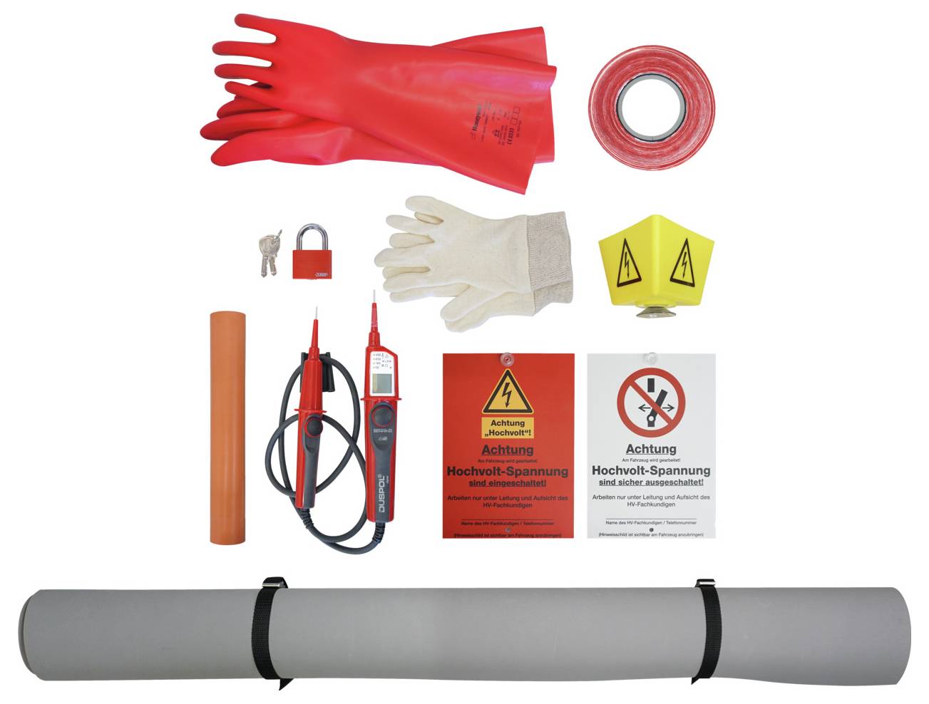 Elektrische veiligheidset uitgelegd, bevat geïsoleerde handschoenen, tape, spanningstester, waarschuwingsborden, slot, met 'Achtung Hochvolt-Spannung' tekst.
