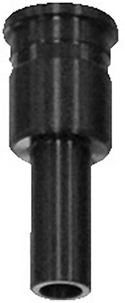 Een zwart mechanisch onderdeel met een cilindrische vorm en een verjongde uitgang, lijkend op een mondstuk of adapter, weergegeven tegen een witte achtergrond.