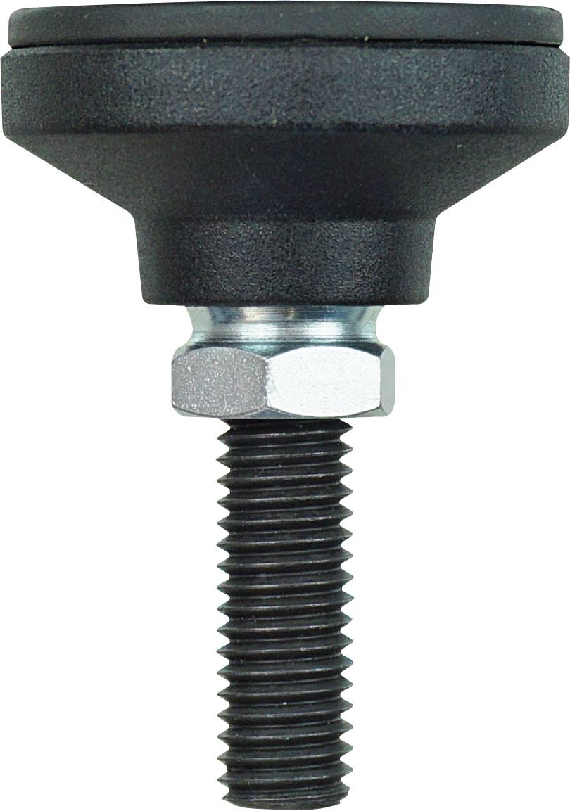Een metalen draadschroef met een brede, platte zwarte bovenkant wordt verticaal weergegeven, wat suggereert dat het om een bevestigingscomponent gaat.