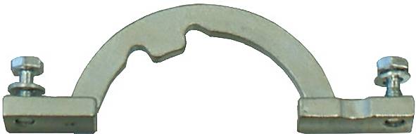 Een metalen bevestigingsbeugel met twee bouten aan elk uiteinde, ontworpen voor veilige bevestiging en ondersteuning, meestal gebruikt in constructie of installaties.