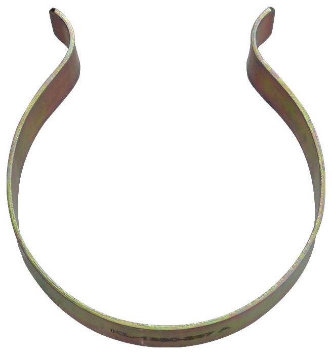 Een gebogen metalen band die een open lus vormt, gebruikt voor het beveiligen van buizen of kabels, geïsoleerd op een witte achtergrond.