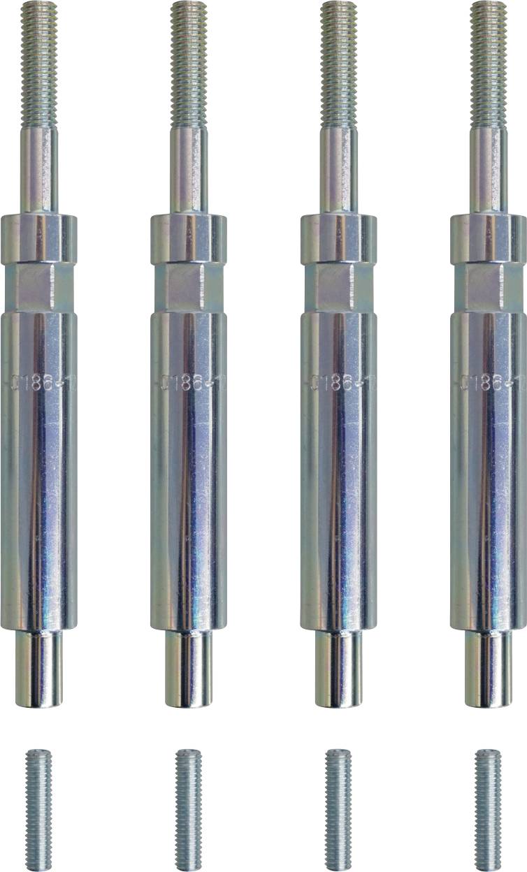 Vier identieke metalen stangen met schroefdraad aan de uiteinden, verticaal naast elkaar uitgelijnd, getoond tegen een witte achtergrond.