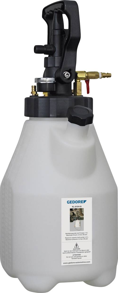 Een witte plastic drukspuit met zwart handvat en mondstuk, voorzien van een merkgelabeld.