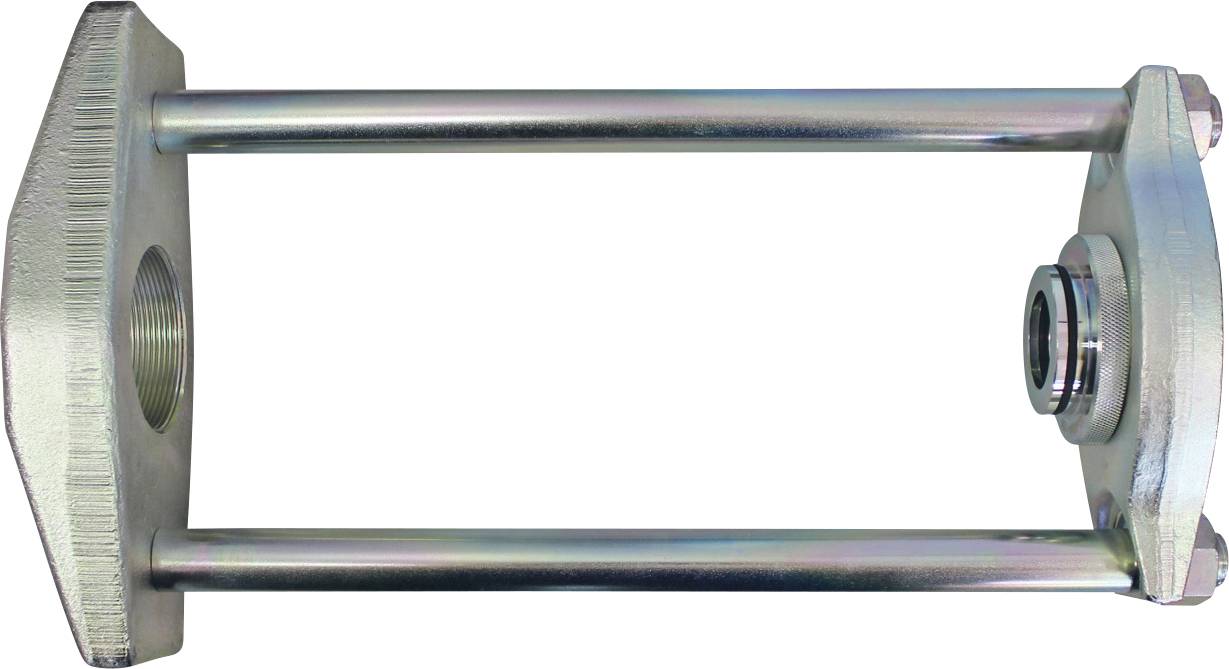 Een metalen gereedschap met twee parallelle staven en zeshoekige uiteinden, gebruikt voor uitlijnings- of vasthoudtoepassingen in mechanica of bouw.