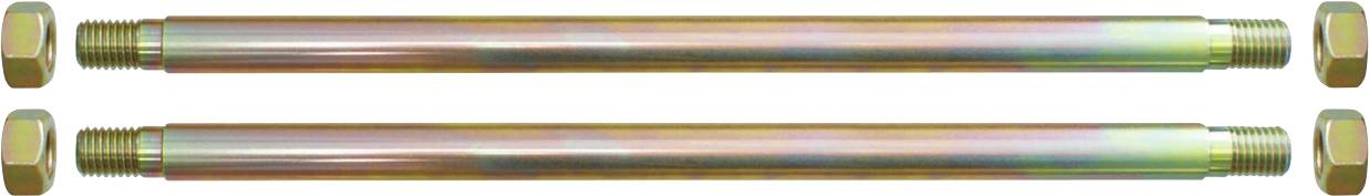 Twee parallelle metalen staven met schroefdraad-eindstukken en moeren, die een glad, reflecterend oppervlak vertonen.