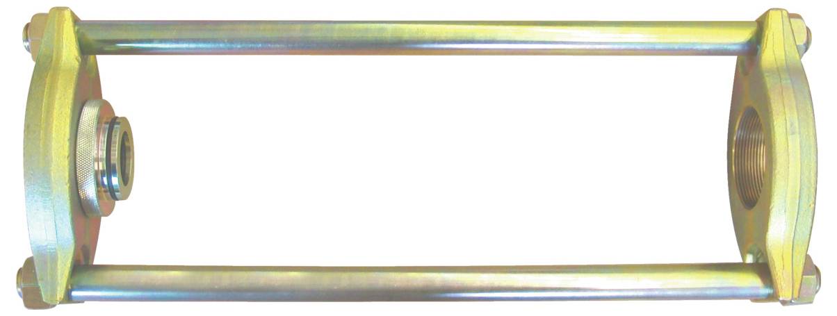 Een metalen frame met twee parallelle stangen die twee rechthoekige eindstukken met draadgaten voor leidingen verbinden.
