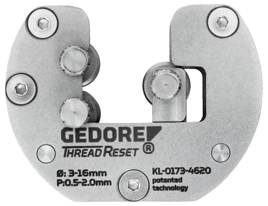 'GEDORE Thread Reset' gereedschap voor het repareren van externe draden, geschikt voor diameters van 3-16 mm en spoelingen van 0,5-2,0 mm, stalen constructie.