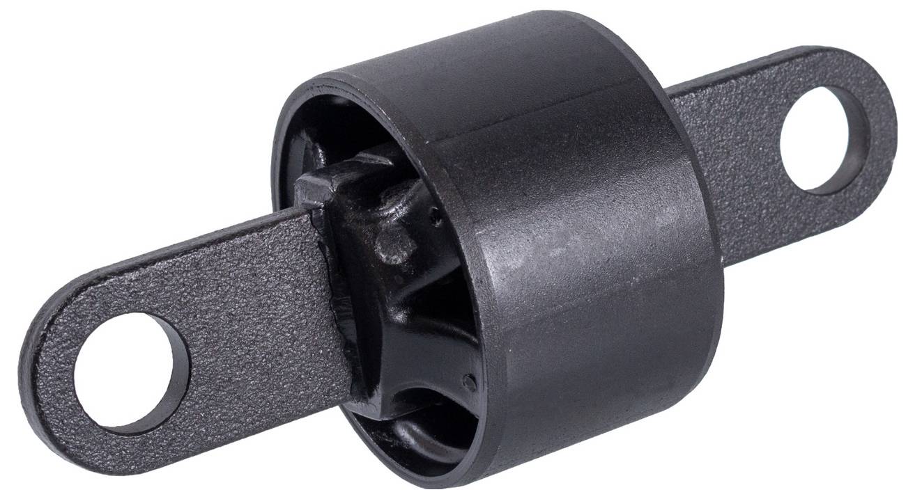 Een zwarte, cilindrische metalen verbindingskoppeling met twee platte armen die aan tegenovergestelde zijden uitsteken, elk voorzien van een rond gat.