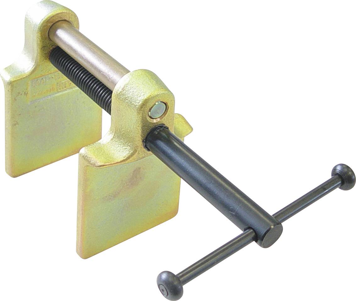 Een metalen schroefklem met twee platte, rechthoekige grijpstukken, een schroefdraadmechanisme en een zwarte T-greep voor aantrekken.
