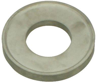 Een close-upfoto van een eenvoudige metalen sluitring, circulair met een gat in het midden, vaak gebruikt om de belasting van een schroefverbinding te verdelen.