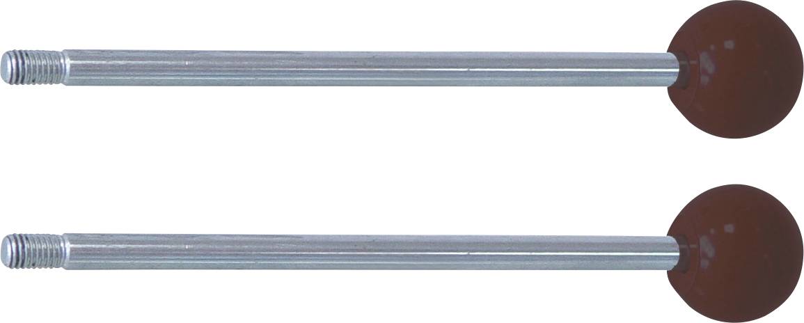Twee metalen staven met schroefdraadeinden, elk voorzien van een ronde, donkerkleurige knop aan één zijde.
