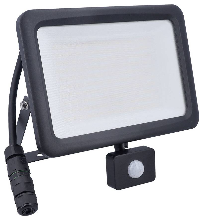 'Een LED-schijnwerper met zwart frame en bewegingsmelder, ontworpen voor buitengebruik. Het heeft een stekker voor gemakkelijke aansluiting op het elektriciteitsnet.'
