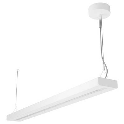 Een modern wit lineair hanglamparmatuur met een slanke rechthoekig ontwerp, opgehangen aan het plafond met twee dunne staven.