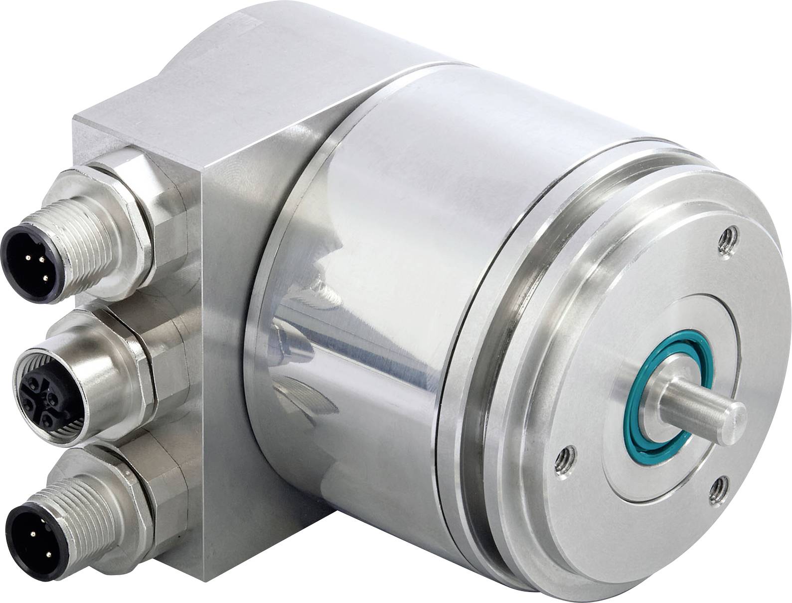Een roestvrijstalen rotary encoder met drie kabelverbindingen, gebruikt voor het meten van hoekpositie in industriële automatiseringssystemen.