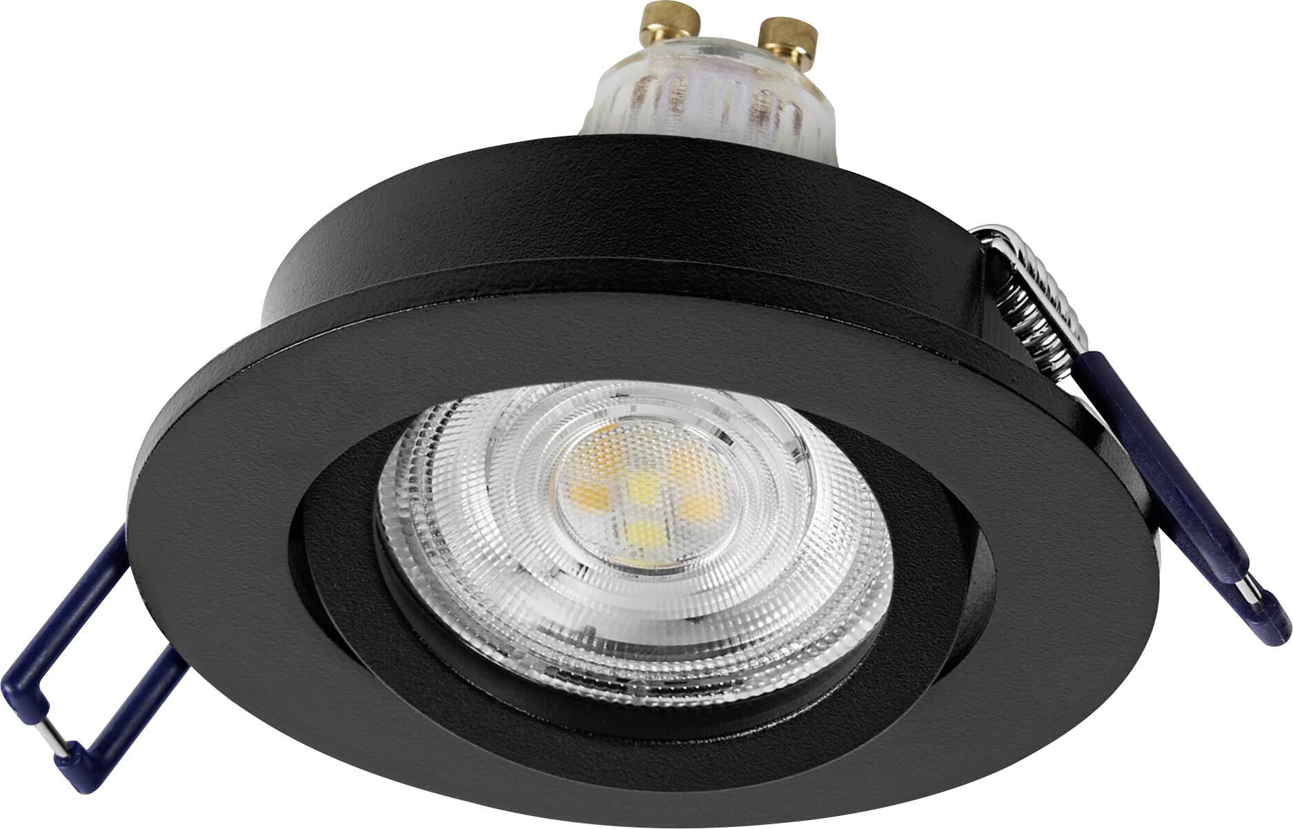 Een inbouw-LED-plafondspot in een zwarte ronde behuizing, met zichtbare lamp en bevestigingsklemmen, geschikt voor moderne interieurs.