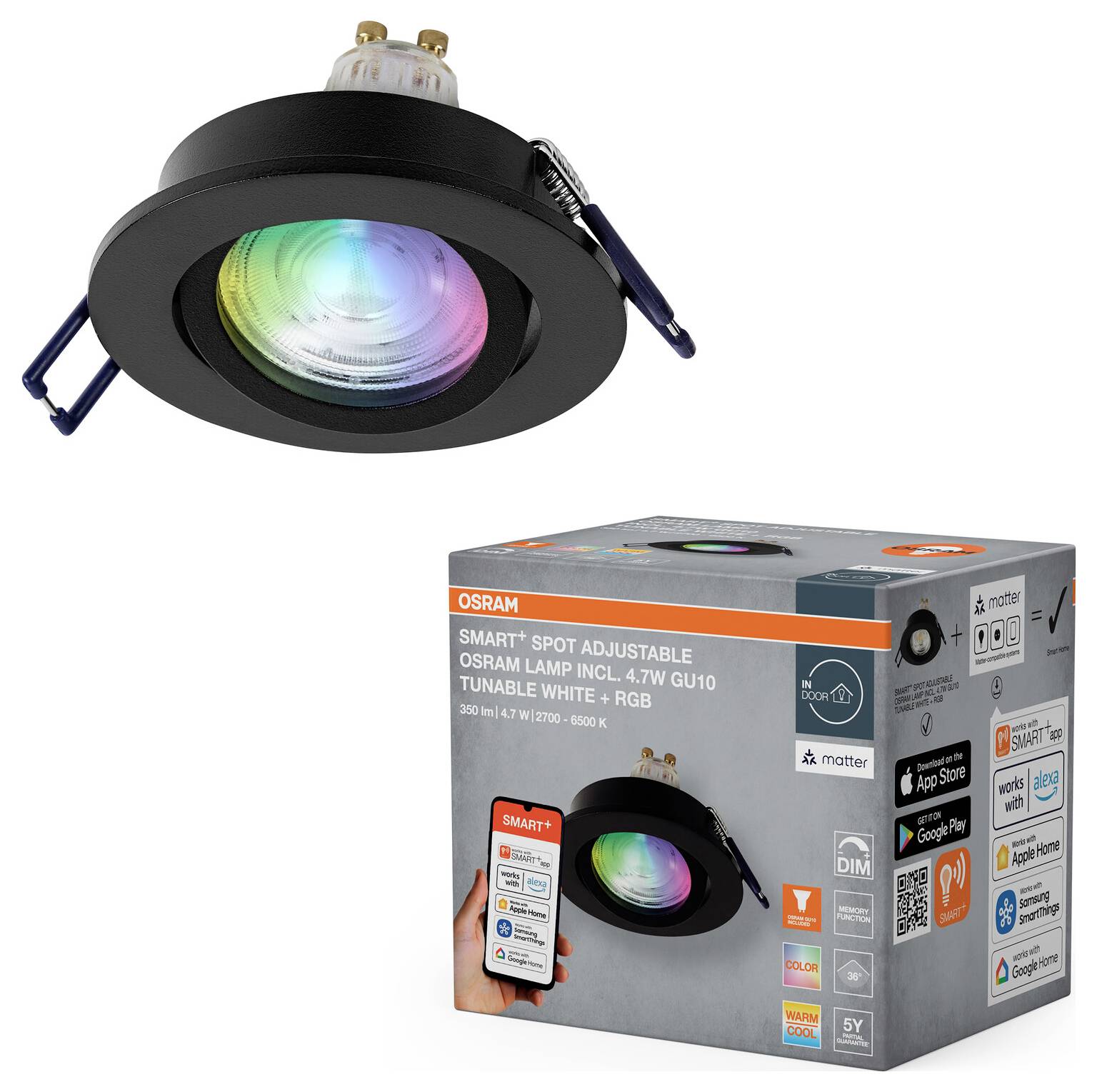 Een cirkelvormige, zwarte verstelbare slimme spotlight met multi-color licht naast zijn verpakkingsdoos met productdetails en app-compatibiliteit.