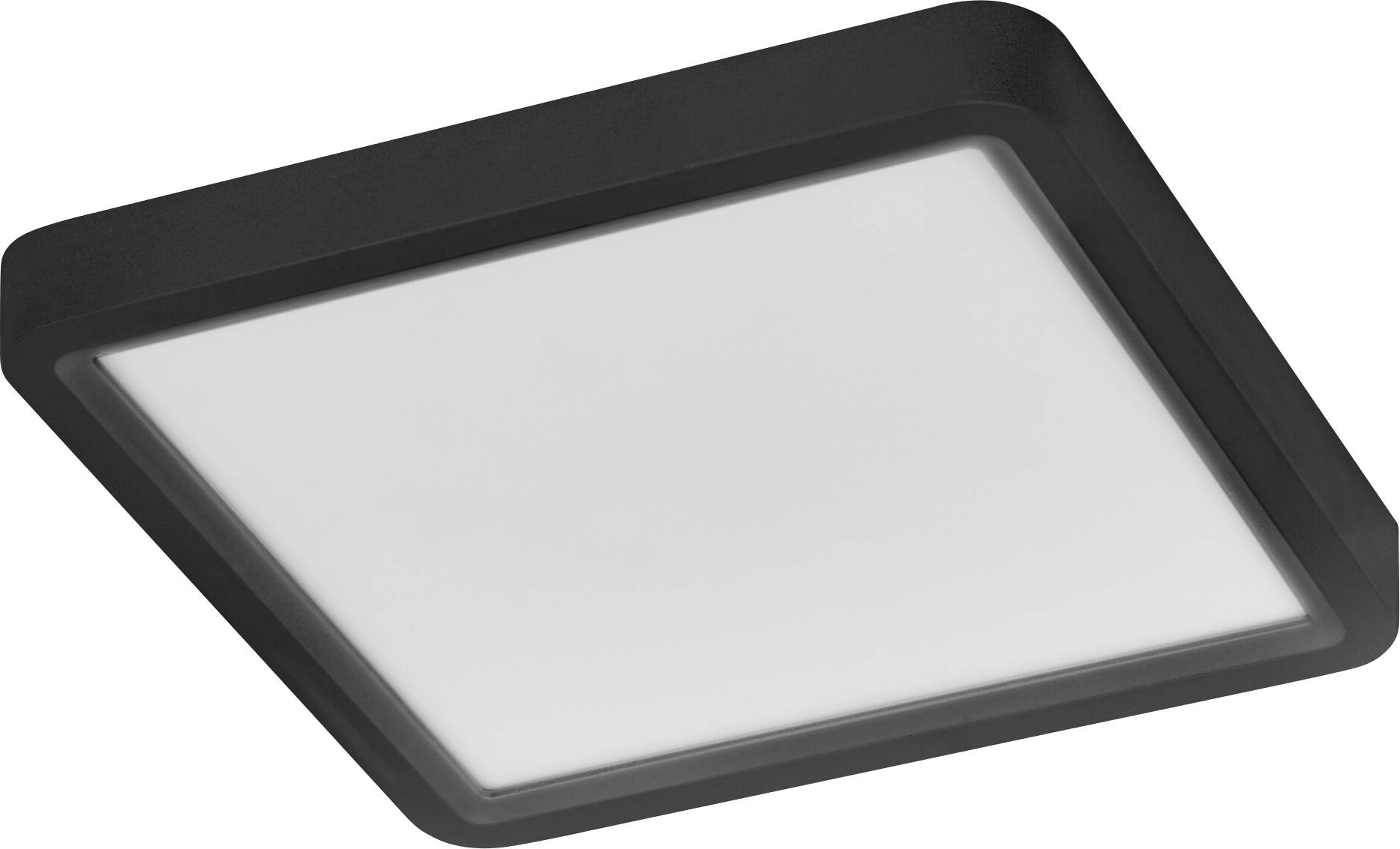 Een vierkante LED-plafondarmatuur met een strakke, zwarte rand en een gefrosteerd wit diffusordeel, geschikt voor moderne interieuraanbiedingen.