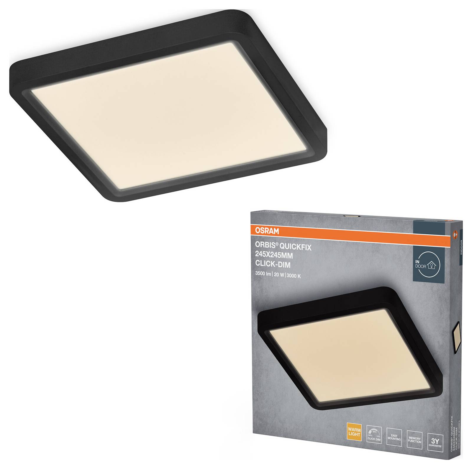 Een zwart vierkant plafondlicht weergegeven samen met zijn verpakking. De doos toont het merk 'OSRAM' en de productnaam 'Orbis QuickFixx'.