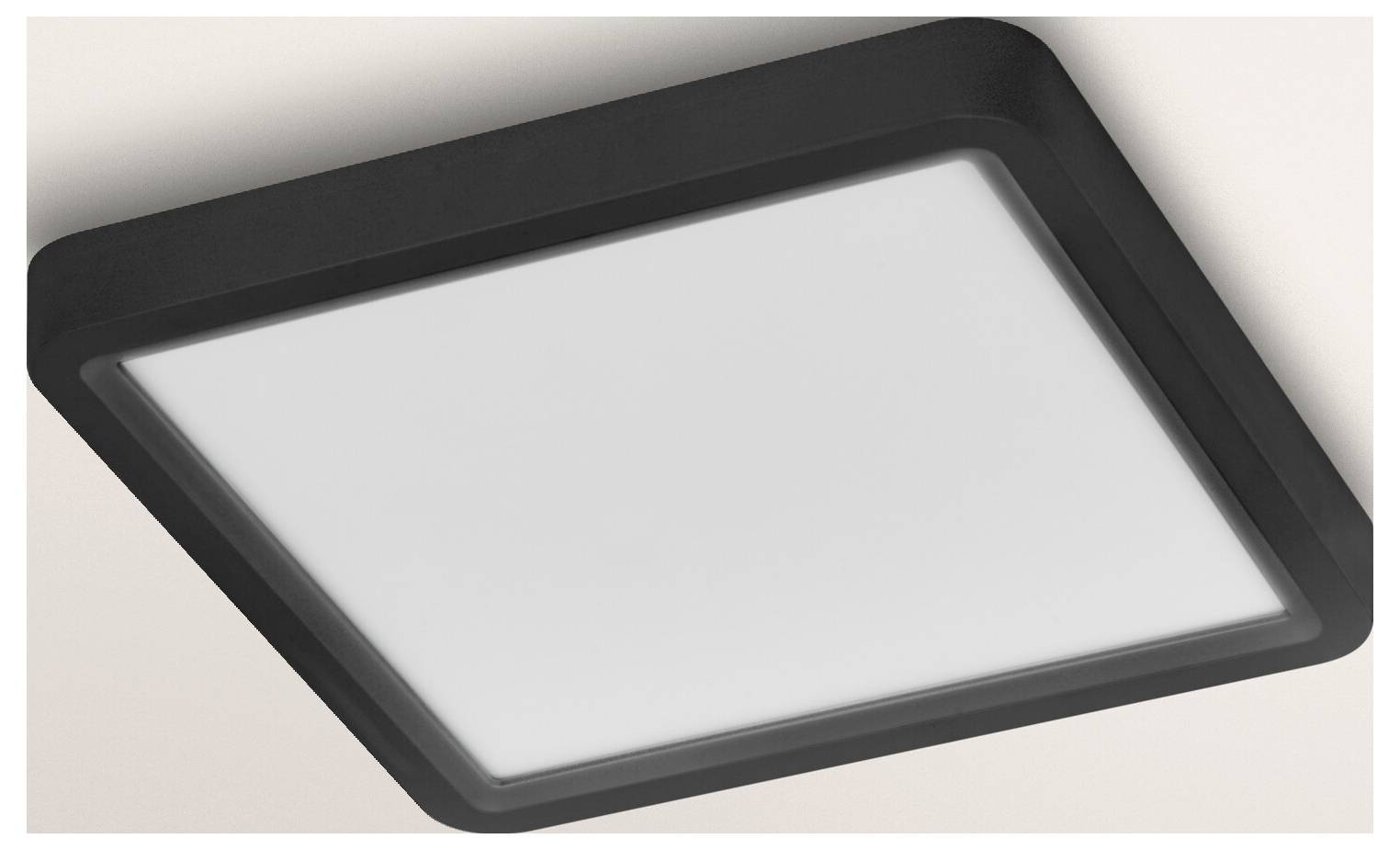 Een vierkant, zwart-gerande LED-plafondlamp met minimalistisch design, gemonteerd op een licht gekleurd plafond.