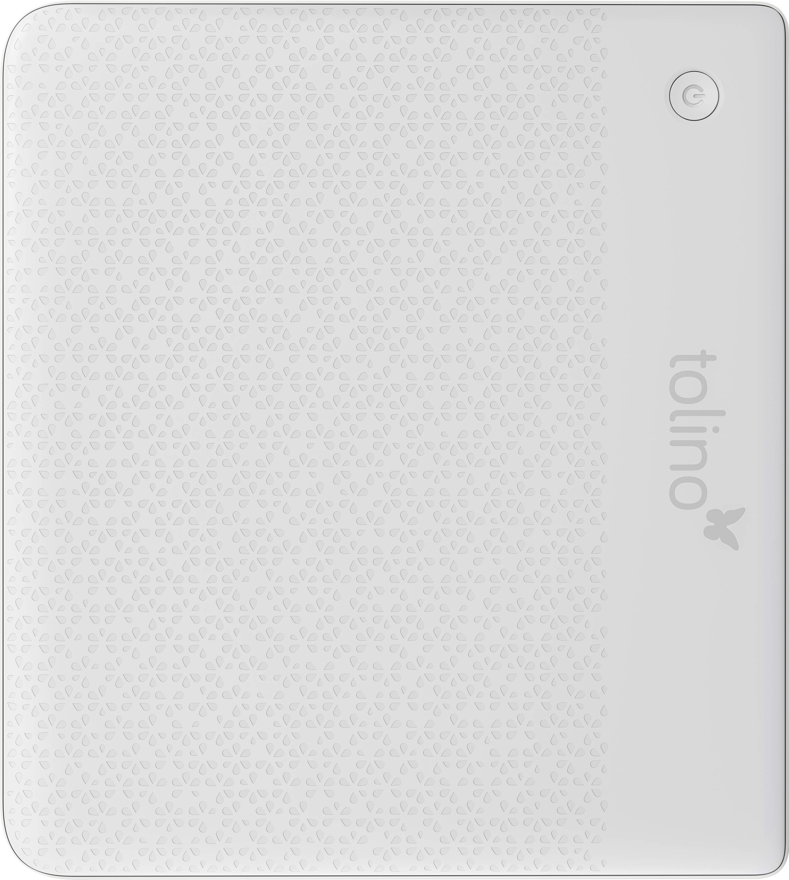 'Tolino' e-reader met een geribbelde achterkant met een aan/uit-knop en merknaam.