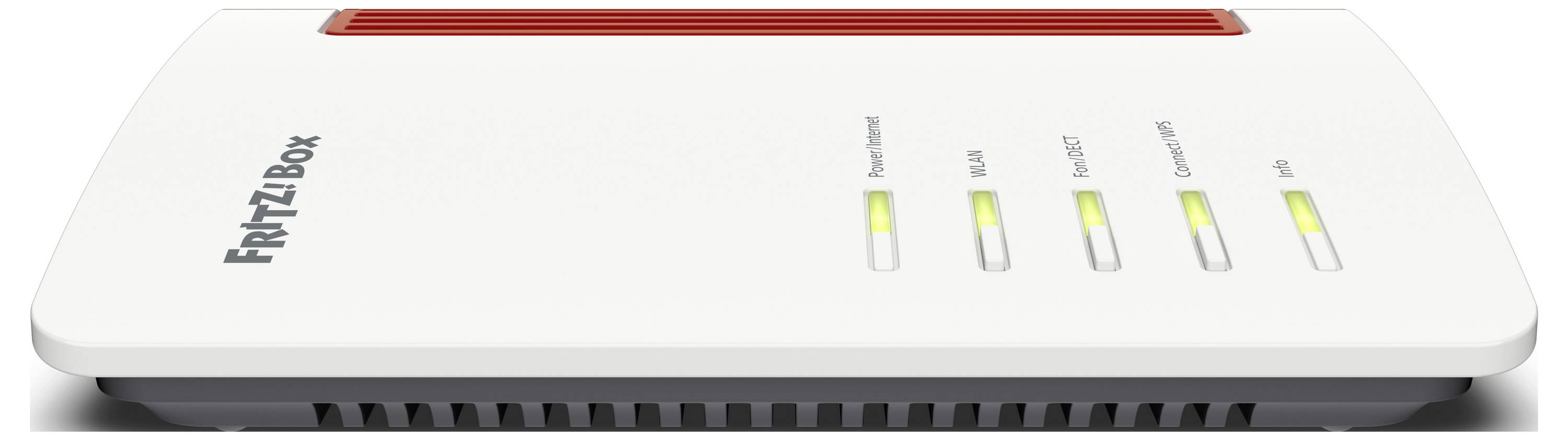 Een witte modem met het label 'FRITZ!Box' met gloeiende indicatorlampjes voor voeding, DSL, LAN, WLAN en telefoon.