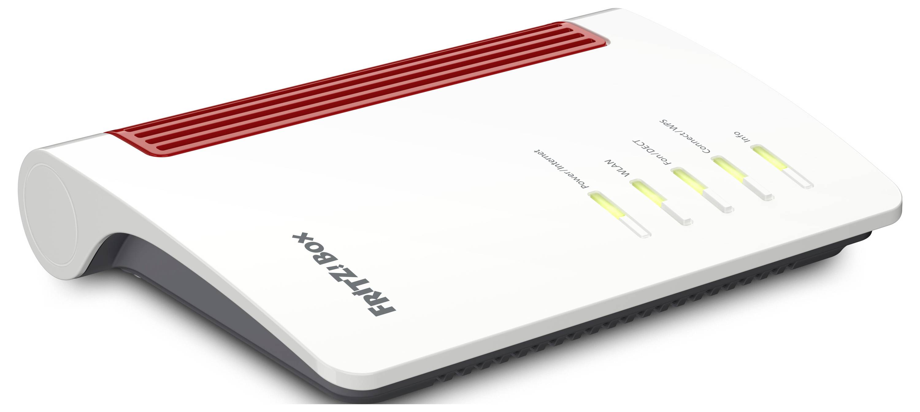 Een wit en rood Wi-Fi-router met indicatorlampjes en 'FRITZ!Box'-branding, wat de status van netwerkconnectiviteit aangeeft.