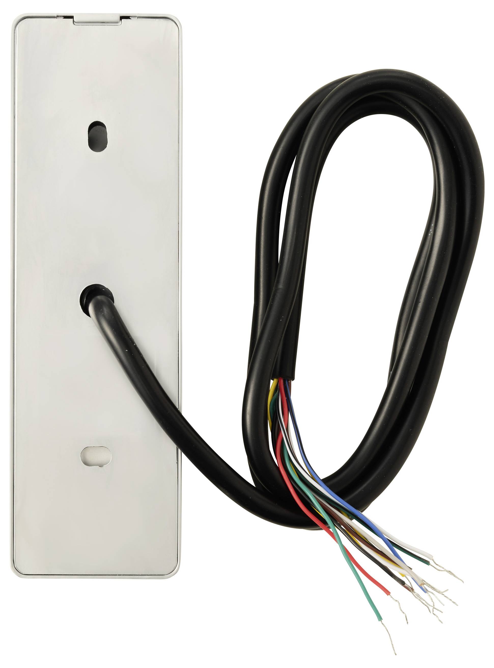 Metalen wandplaat met aangesloten zwarte kabel; ontdane gekleurde draadeinden zichtbaar aan de rechterkant.