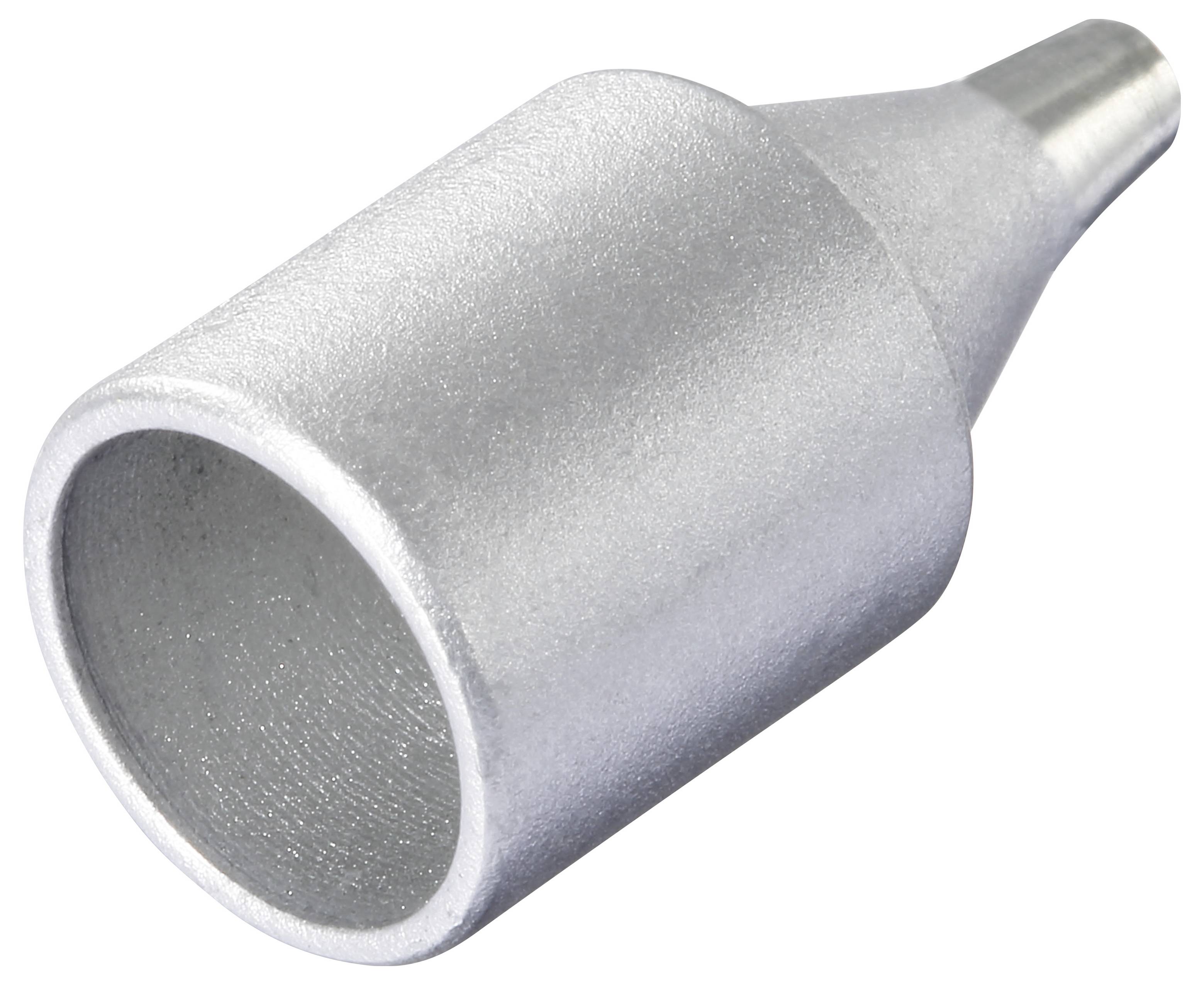 Zilveren metallic krimpaansluiting met een brede opening en een vernauwde punt, gebruikt voor elektrische draadverbindingen.