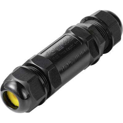 Zwarte waterdichte inline kabelconnector met schroefdraadeinden en een geel afgedichte poort.