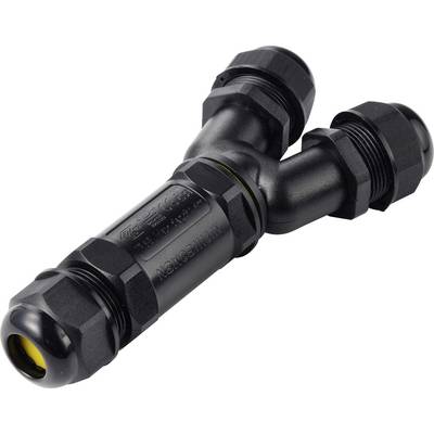 Zwart Y-vormig waterdicht kabelconnector met drie schroefdraden poorten op een witte achtergrond.