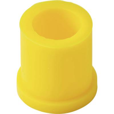 Gele plastic cilindrische bus of afstandhouder met hol middendeel, getoond op een witte achtergrond.