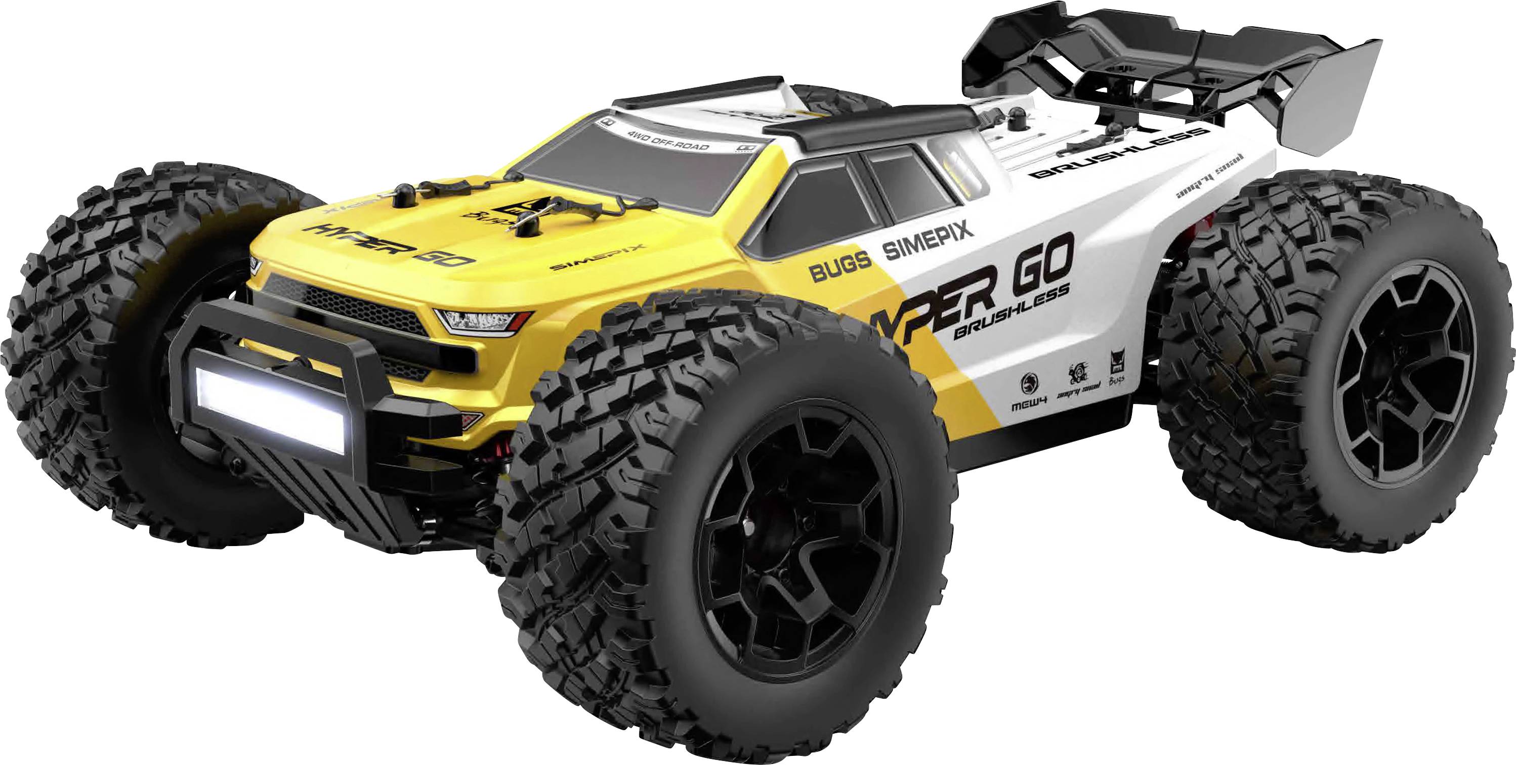 Geel en wit terrein-afstandsbediende buggy met grote knobbelige banden, achtervleugel en "Hyper Go"-branding op een witte achtergrond.