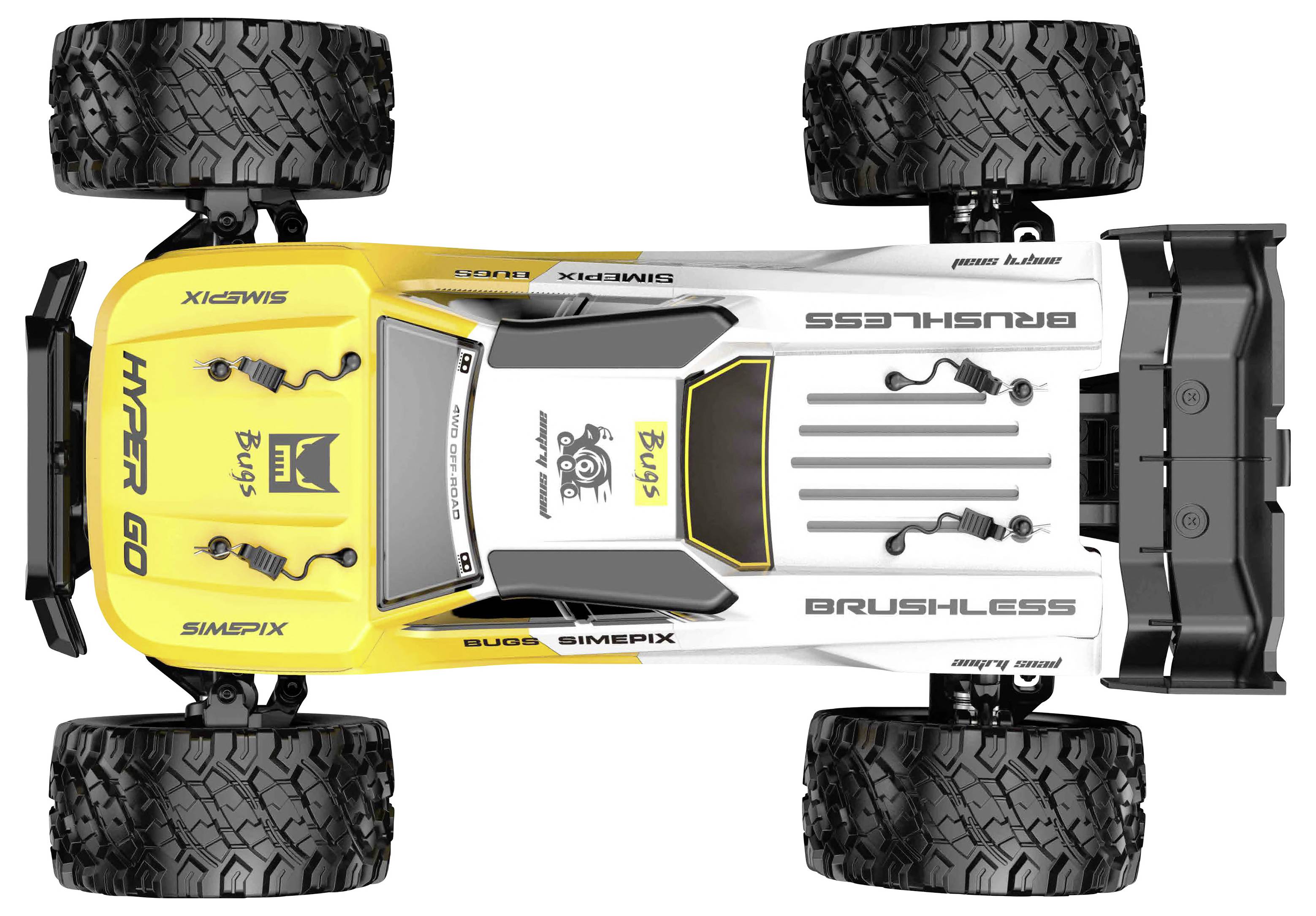 Bovenaanzicht van een geel, wit en zwart terrein RC-buggy met grote profileringsbanden en 'HYPER GO' en 'BRUSHLESS' branding.