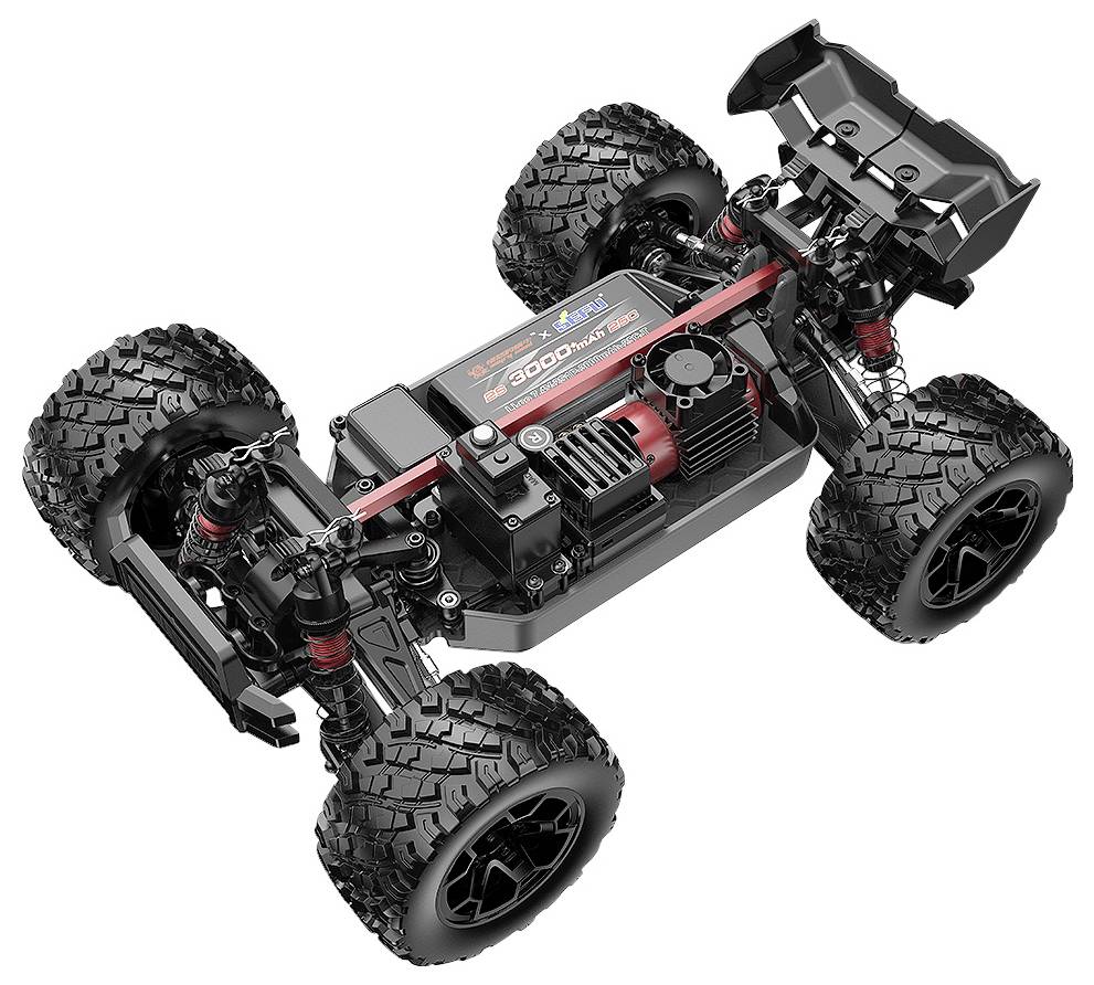 Off-road RC-autosassis met grote knobbelige banden, zichtbare ophanging, batterij, motor en achtervleugel op een witte achtergrond.