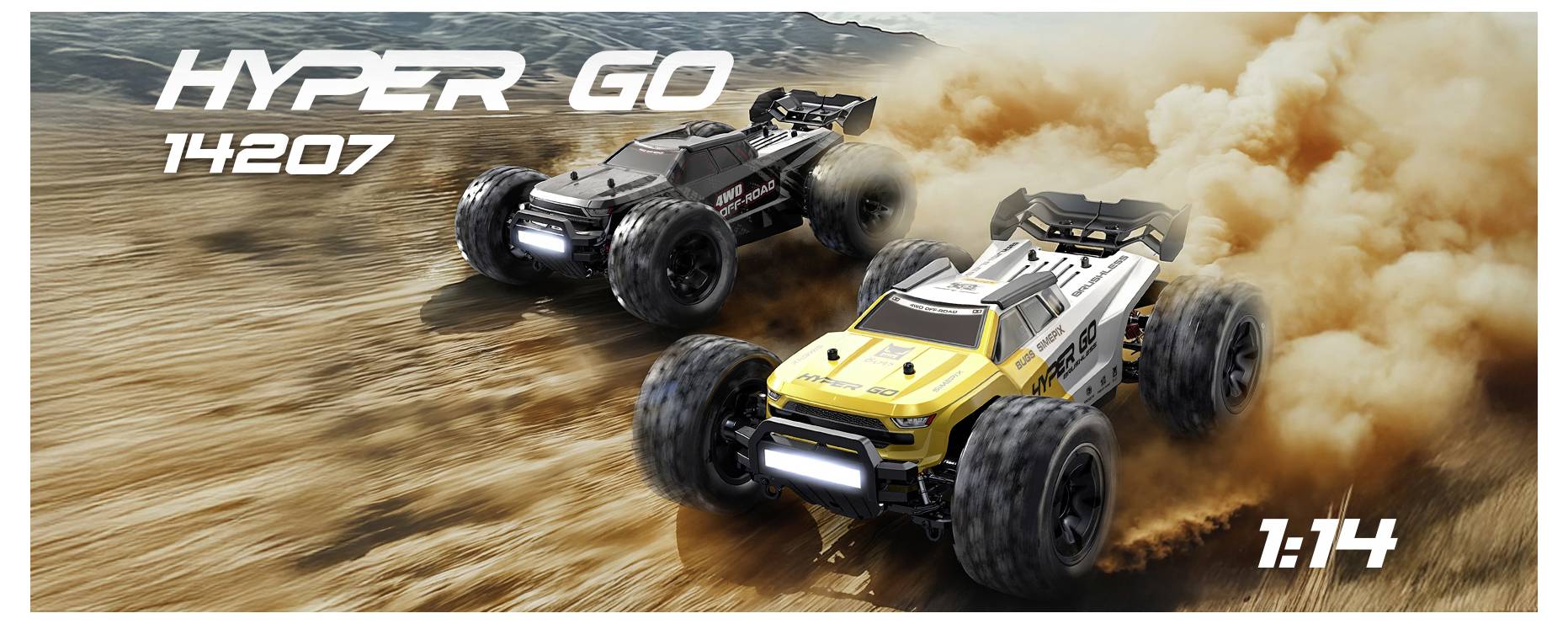 Twee afstandsbediening terreinwagens racen door het stof, gelabeld 'HYPER GO 14207' en '1:14'.