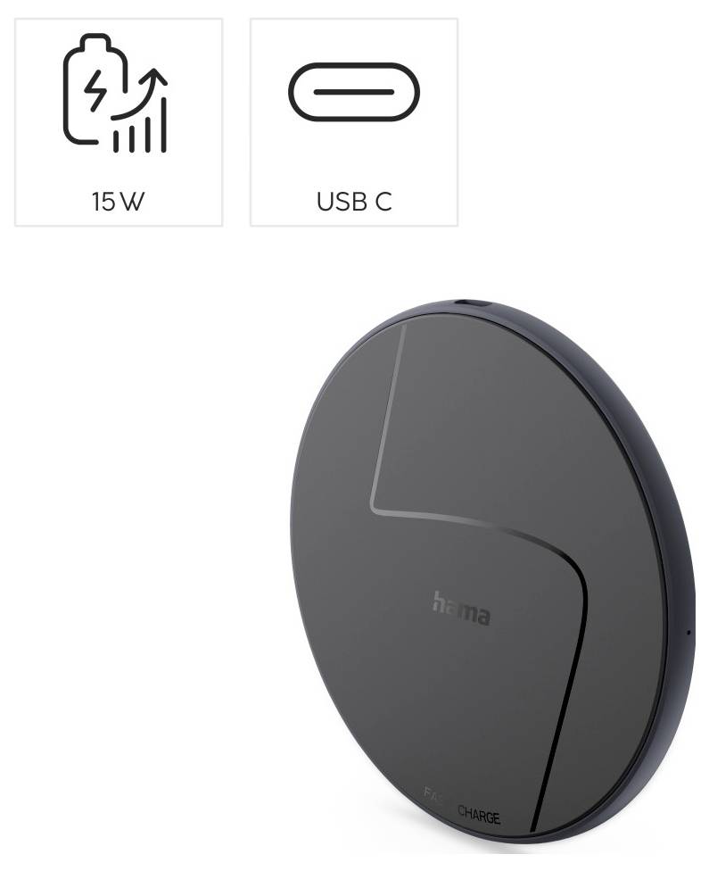 'Draadloze oplader Hama: 15W, USB-C, zwart, elegant design.'